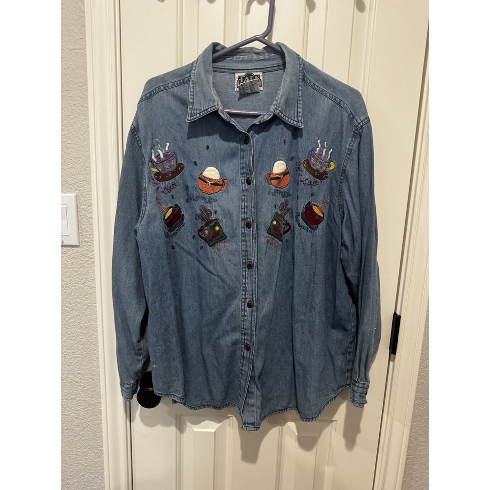 Vintage Denim Top Shacket Coffee Barista Theme 2X XL FLAW Cottagecore Grunge